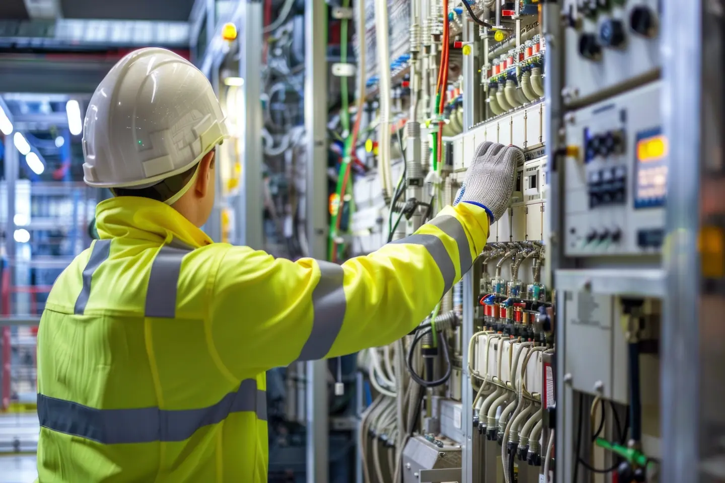 Industrial electrical services and maintenance in Gauteng Industrial electrician inspecting electrical control and distribution equipment